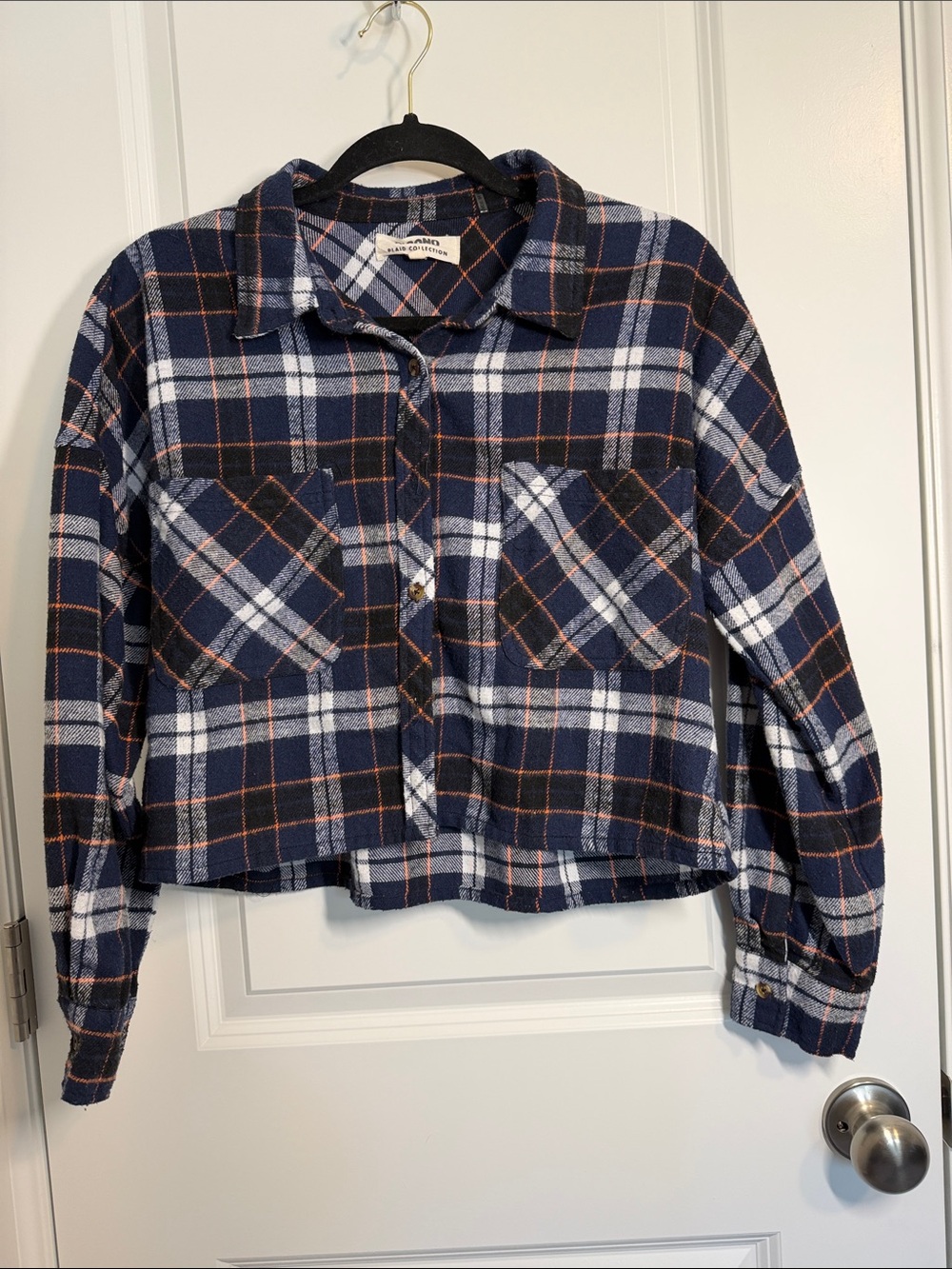 Ci Sono Navy Plaid Shirt Jacket with Rust Accents